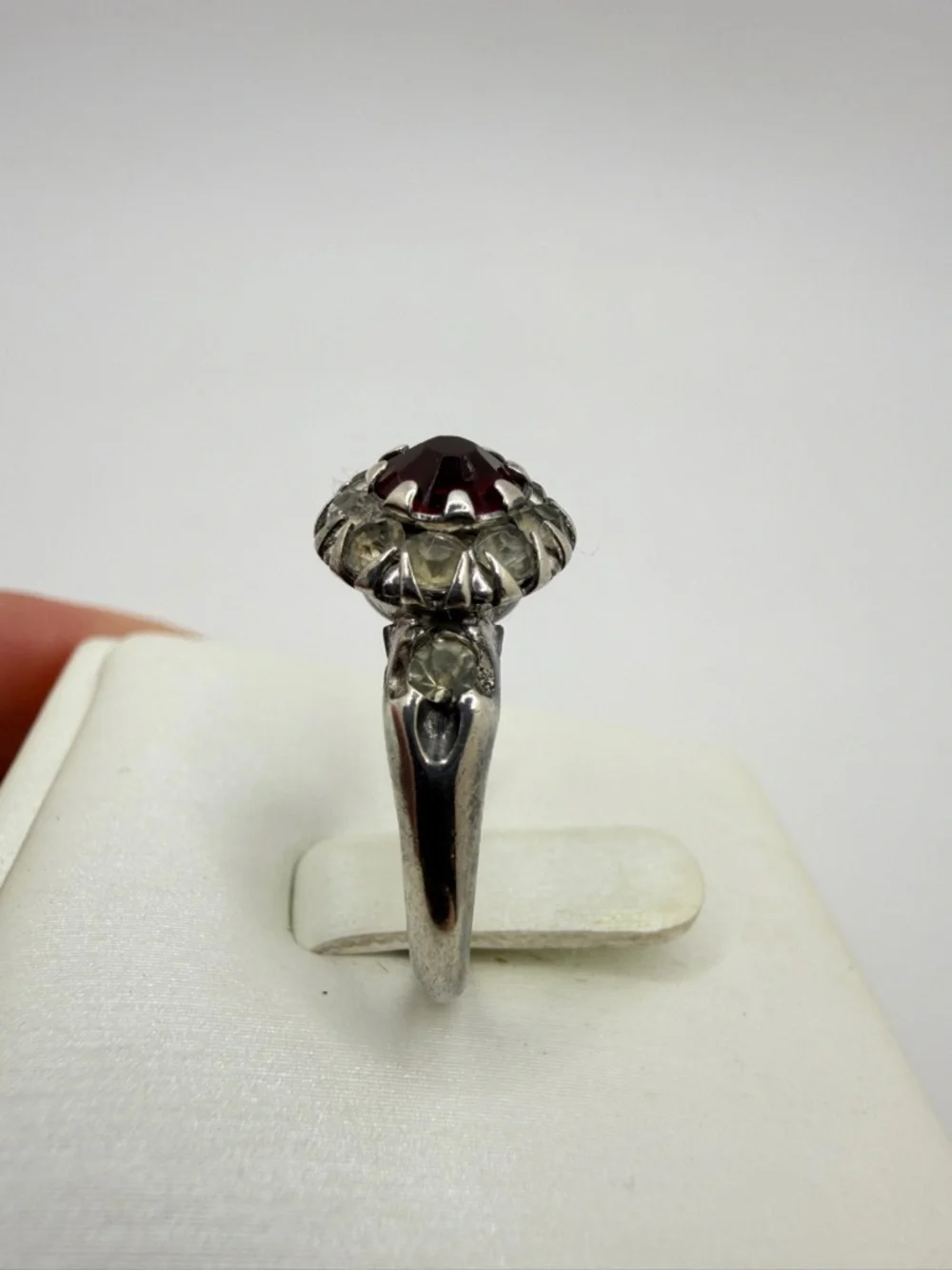 Antique Sterling Silver and CZ Red rhinestone ring w/ halo‎ of cz diamonds!